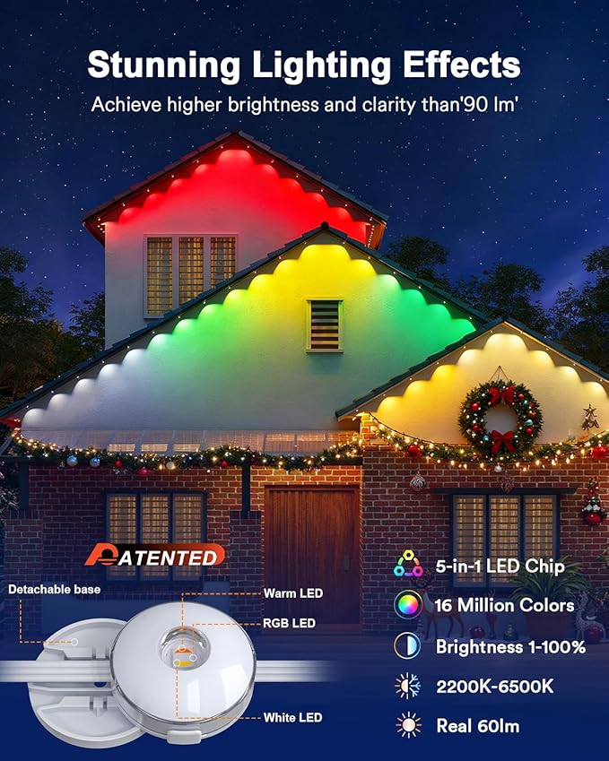 Lumary Permanent Outdoor Lights Max 158ft with 120 LED Eave Lights RGBAICW 7200lm, IP67 Waterproof, IC Control and Scene Modes for Halloween Christmas Decoration, Works with Alexa and Google Assistant