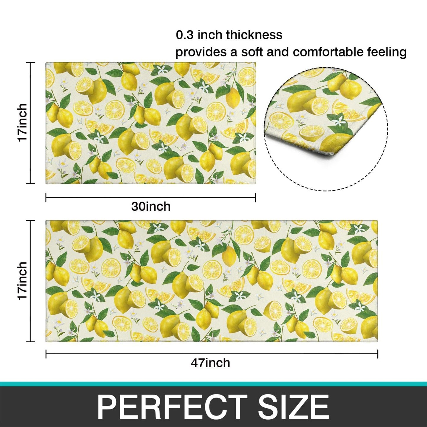 Ghroiep 2 Piece Lemon Kitchen Decor Rugs Set, Farmhouse Country Kitchen Rugs and Mats Non Skid Washable Absorbent Microfiber Kitchen Accessories Decoration Floor Mats 17"x47"+17"x30"