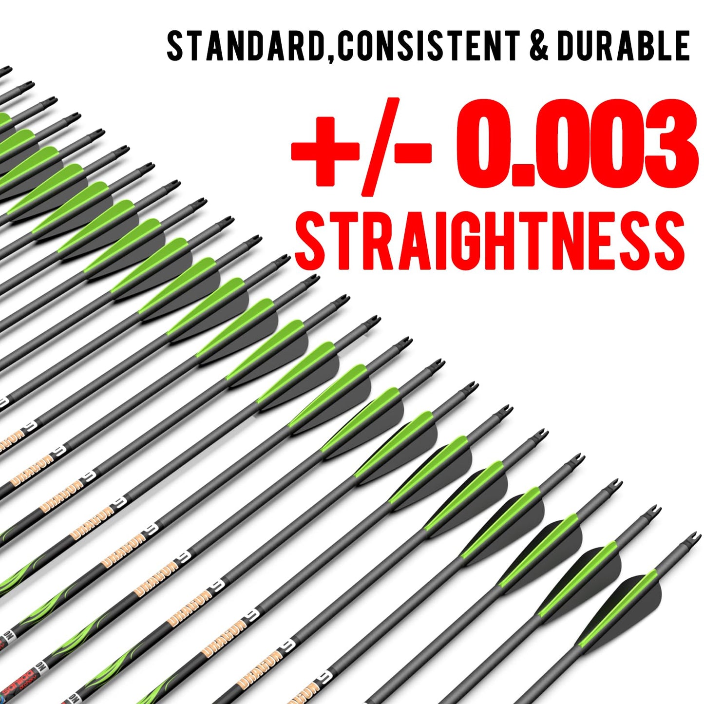 sanlida 24 PCs, 100% Pure Carbon, 0.003'' Straightness, Dragon 9 Flagship 24T Carbon Hunting Arrows for Compound Bow, Professional Standard Hunting Arrows with Removable Tips (320 Spine)