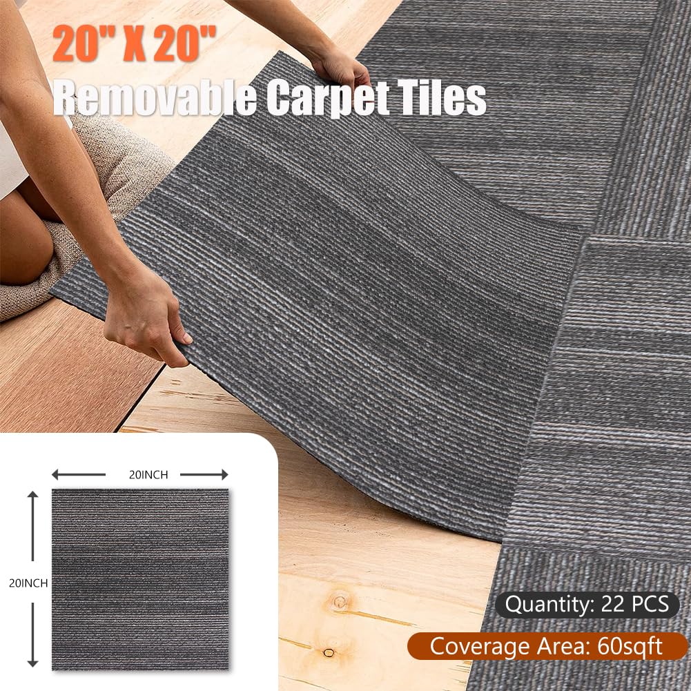 Petgrow Commercial Carpet Tiles Heavy Duty PVC Back,20" x 20" Squares, 22 Tiles, 60 sq ft, Non-Slip Floor Carpet for Office, Bedroom, Living Room, Garage,Easy DIY Installation with Flexlok Tabs