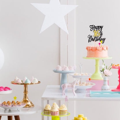 1 PCS Happy 16th Birthday Cake Topper Black Gold Glitter Cheers to 16 Years Birthday Cake Pick 16 Fabulous Cake Decoration for Happy 16th Birthday Anniversary Party Cake Decorations Supplies