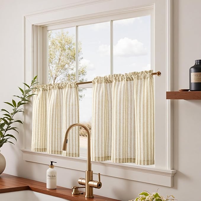 jinchan Striped Linen Kitchen Curtains 24 Inches Length Tier Curtains Farmhouse Modern Cafe Style Small Window Treatments Airy Light Filtering Rod Pocket for Living Room Bathroom 2 Panels Beige