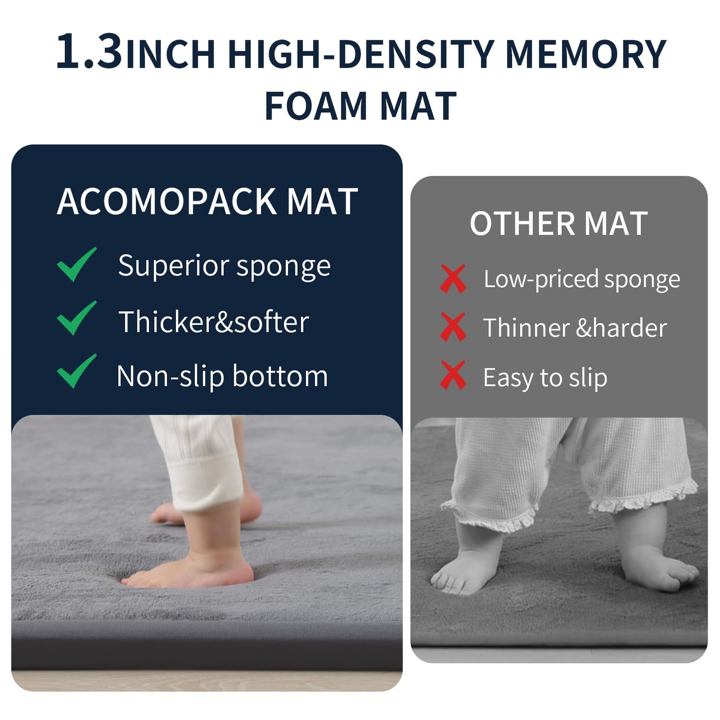 ACOMOPACK 1.3" Thick Baby Play Mat for Floor,50x50 Elasti-Foam Playpen Mat for Kids,Infants,Toddlers, Ultra Soft Crawling Mat with Non-Slip Bottom,Tummy Time,Nursery Rug,Yoga,Tatami（Dark Grey）