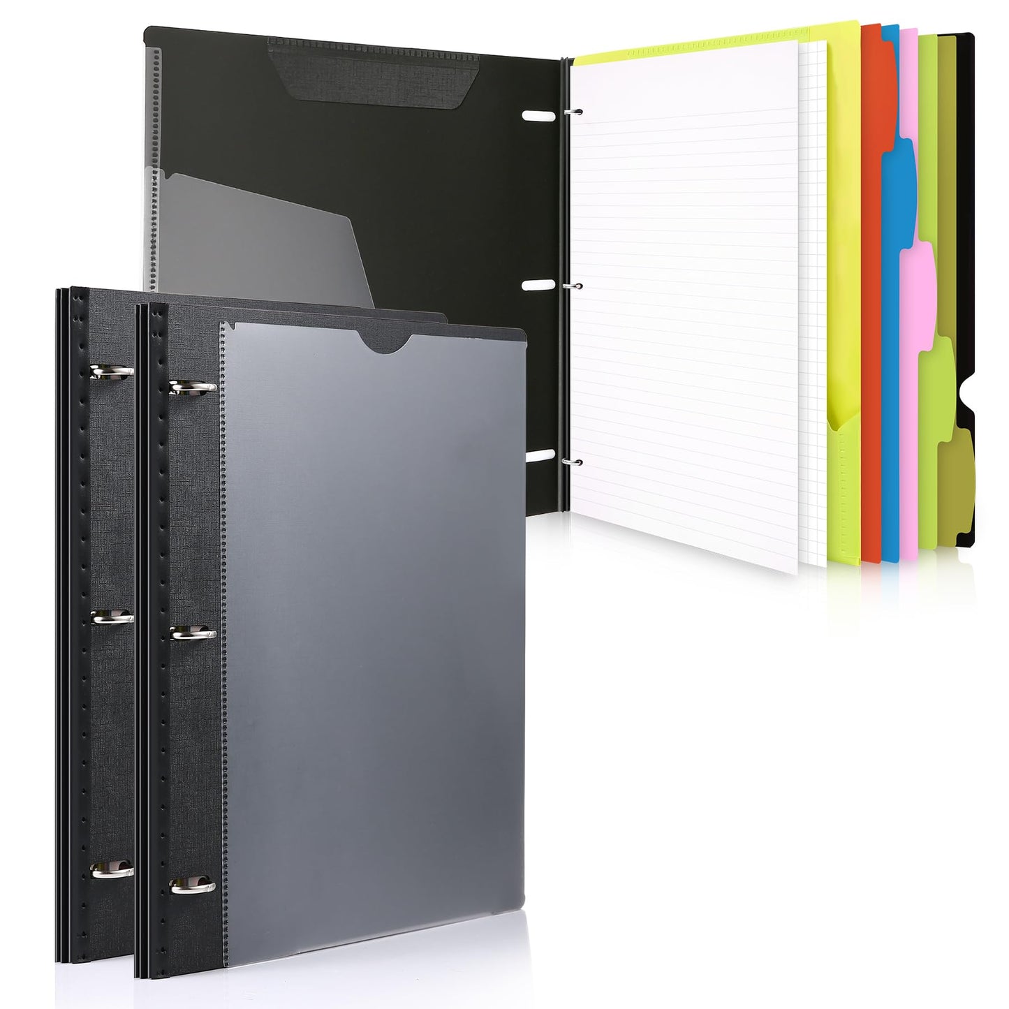 WOT I 2-Pack Telescoping 3 Ring Binder Notebooks - Customizable Cover, 5 Dividers & Pocket Folder in One Slim Organizer (60 Sheets Included), Black