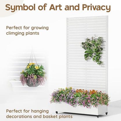 Metal Raised Garden Bed with Trellis & Wheels,72" x 35"x 15.7" Planter Box with Trellis,Privacy Planters for Patio,Garden Bed for Climbing Plants,Suitable for Climbing Plants and Vegetables,White