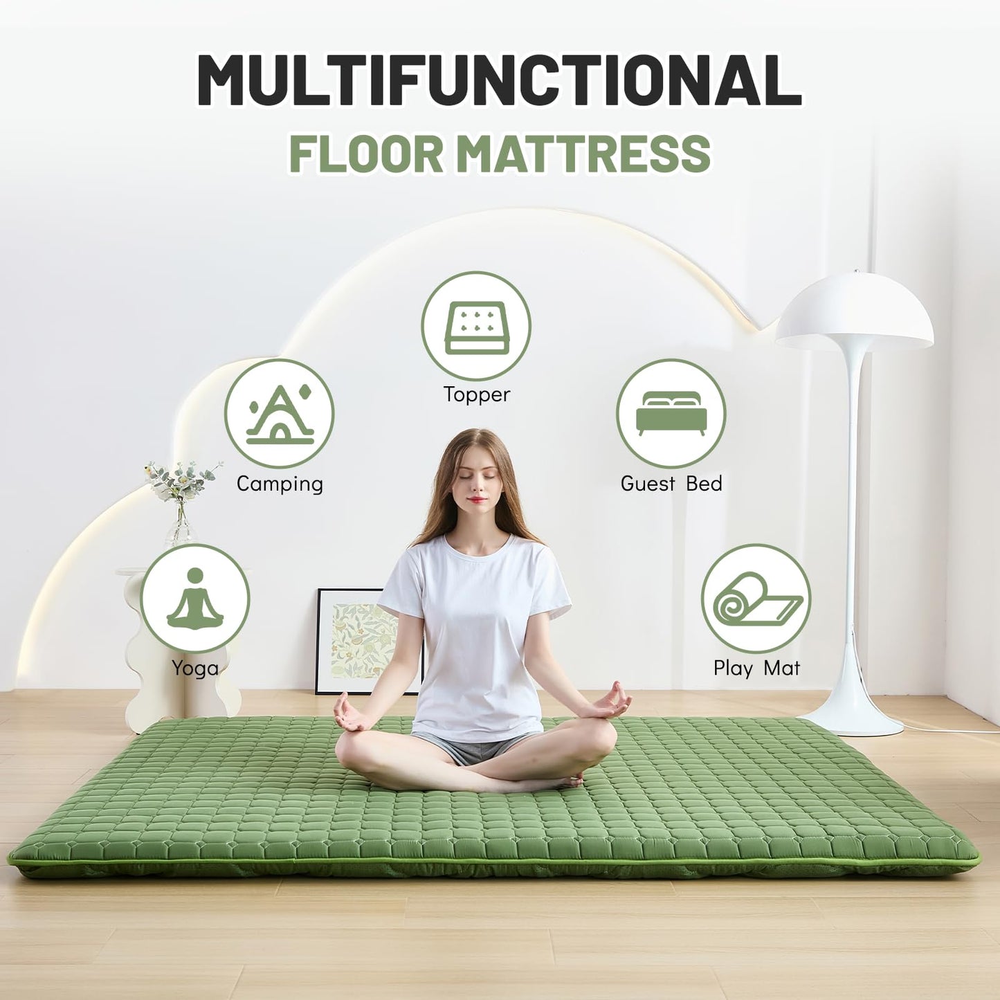 Zelladorra Japanese Floor Mattress Twin, Anti-Slip Japanese Futon Roll Up Tatami Mat for Guests, Green