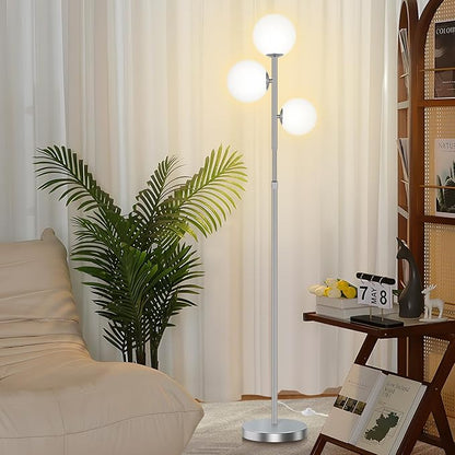 67" Mid Century Floor Lamps for Living Room, 3 Globe Floor Lamp with Frosted Glass Shades, Adjustable Height Standing Lamp with Foot Switch, Tall Lamps for Bedroom Office, G9 Bulbs Included, Silver