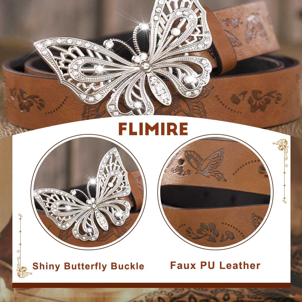 Flimire Western Skinny Leather Belt for Women Brown Country Belt for Jeans Pants Cowgirl Cowboy Belt with Butterfly Buckle (Butterfly)
