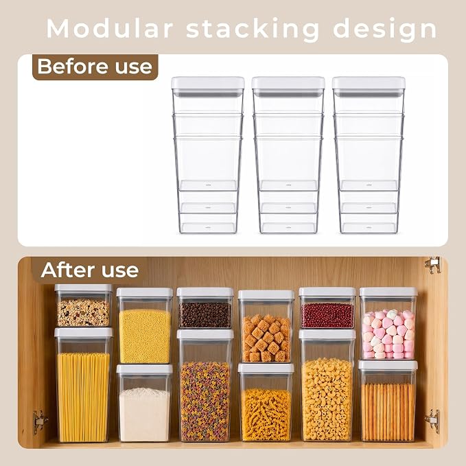 UFORU Food Storage Containers with Twist Lids, 6 Pcs Airtight Food Storage Containers Set, Stackable Kitchen Pantry Organizer, Rotary Opening Containers for Flour, Cereal & Sugar(0.7/1.3/1.8QT)*2