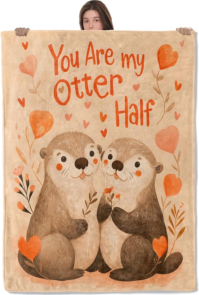 Cute Otter Lightweight Throw Blanket, Romantic Cartoon Animal with Heart and Flower, Warm Soft Cozy Flannel Blankets, Couch Dorm Home Decor All Season Use, 60x50in, Beige, Gifts for Lovers