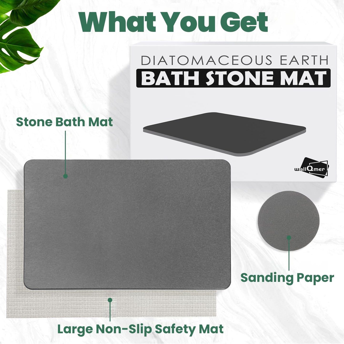 WALL QMER Stone Bath Mat, Diatomaceous Earth Shower Mat, Fast Drying, Super Absorbent, Anti-Slip Stone Bath Mats for Bathroom, Kitchen, Easy to Clean, (23.5"x15.5", Slate)
