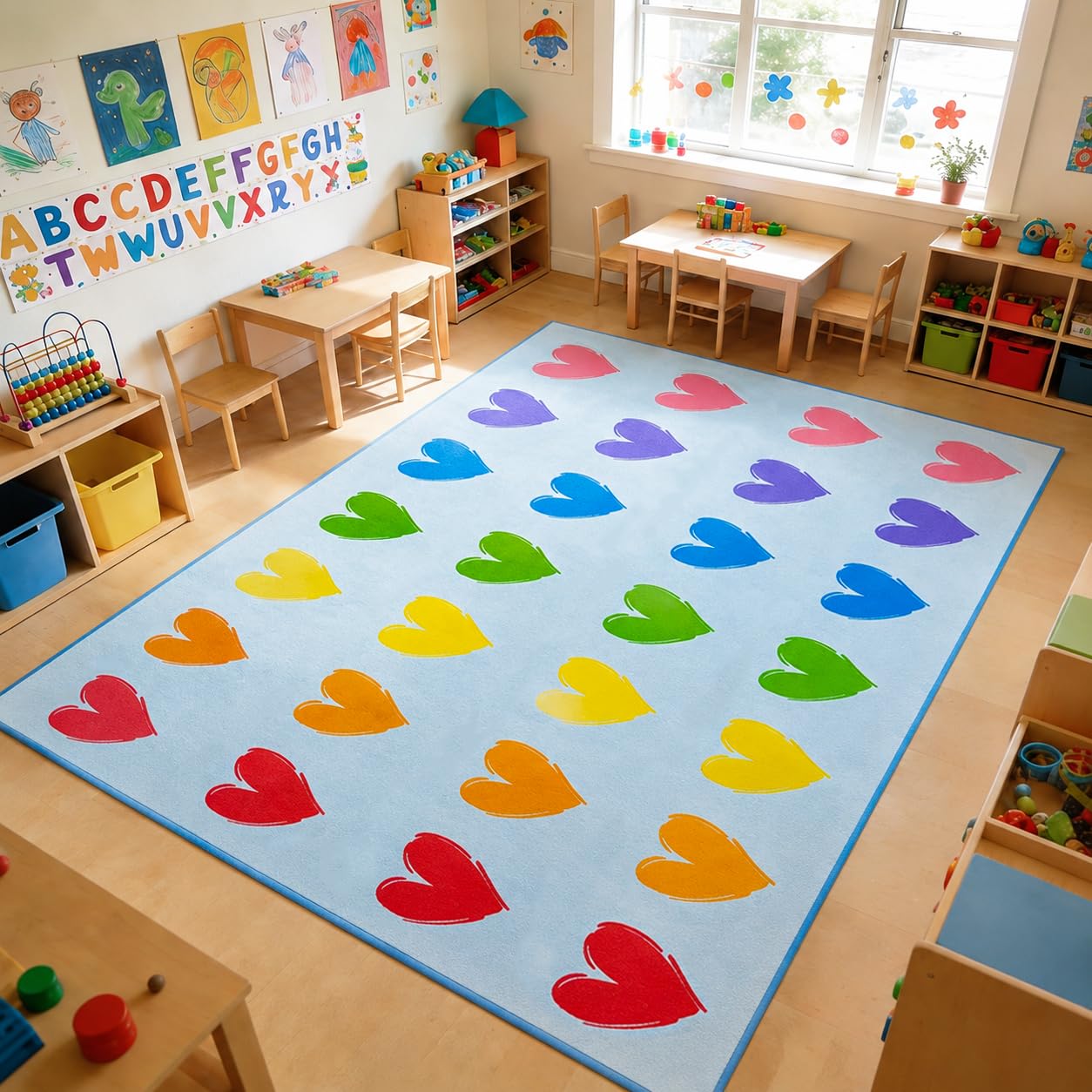 MAISONRINA Large Classroom Rugs Elementary, 13'x7'7'' Blue Hearts Classroom Rug for Kids, Circle Time Carpet Educational Rugs Area Rug Primary for Preschool Daycare Kindergarten Playroom,Seats 28