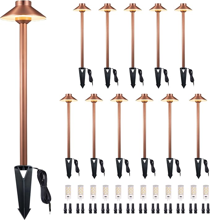Gardenreet Low Voltage Landscape Path Light Solid Brass, 3 Color Temp Selectable LED Driveway Lights Waterproof, Hat Shaped 12V Wired Copper for Walkway Garden with 3W 270LM G4 Bulb (12 Pack)