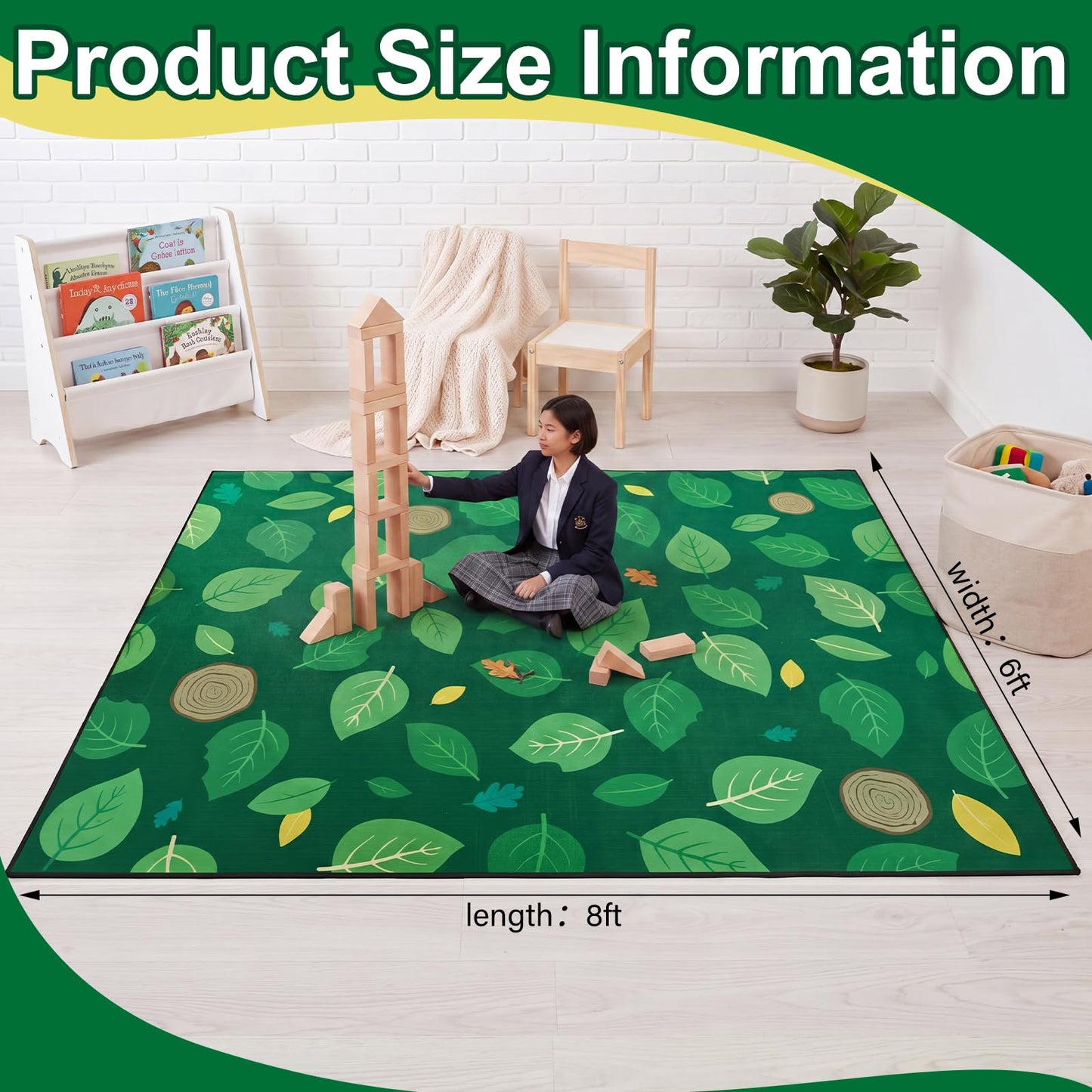 BreezeHug Green Leaf Rug 8 x 6 ft Large Classroom Carpet Green Leaves Carpet Boho Educational Area Rug for Room Nursery Seating Decor for Teaching and Playroom