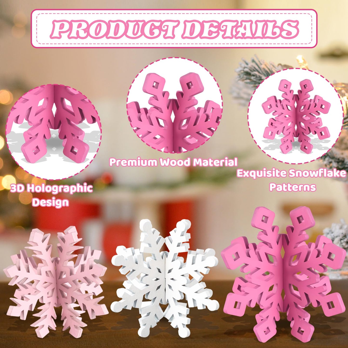 OuMuaMua 12 Set Snowflake Christmas Table Decorations - 24pcs Pink White Wooden 3D Snowflake Decor Tabletop Centerpieces for Christmas Party Supplies Home Decor