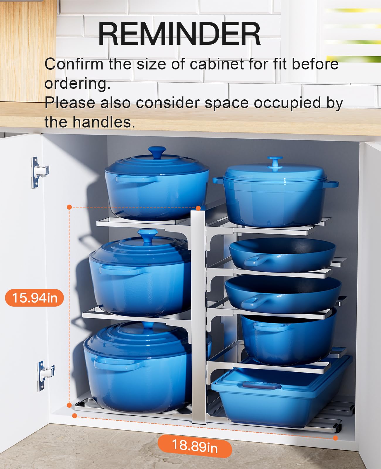 ORDORA Pots and Pans Organizer for Cabinet 16.61'' Height, 8 Tier Pot Organizers Rack with 3 DIY Methods, Adjustable Pan Organizer under Cabinet Kitchen Organization and Storage