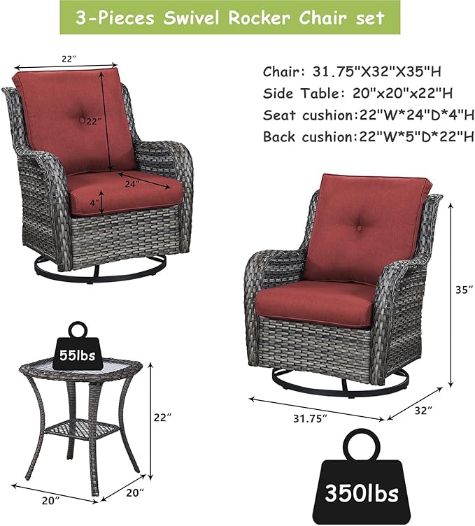 Rilyson Patio Chairs Rocking Swivel Chiar - 3 Piece Outdoor Wicker Patio Bistro Set Rattan Rocker Glider Chairs with High Back and Deep Seating for Outside Porch Deck Garden(Mixed Grey/Red)