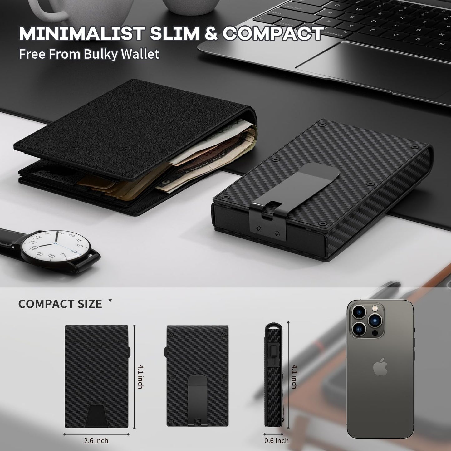HLHGR Wallet for Men, Gift Boxed Slim Minimalist Wallet for Men with Money Clip and Genuine Leather Slots RFID Blocking Pop Up Metal Aluminum Smart Wallet Card Case (Carbon Fibre Black)