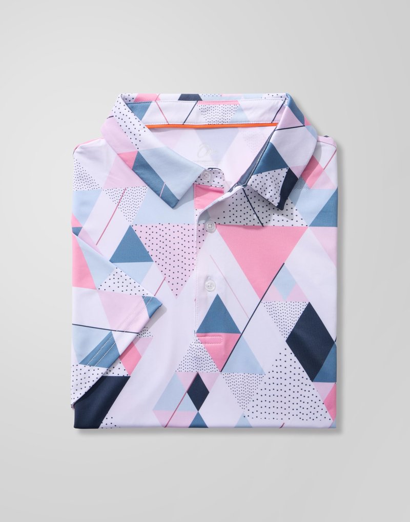 Obla Mens Golf Polo Shirts Short Sleeve Dry Fit Performance Moisture Wicking Casual Print Collared Golf Shirts for Men(White Pink Geometry_S)