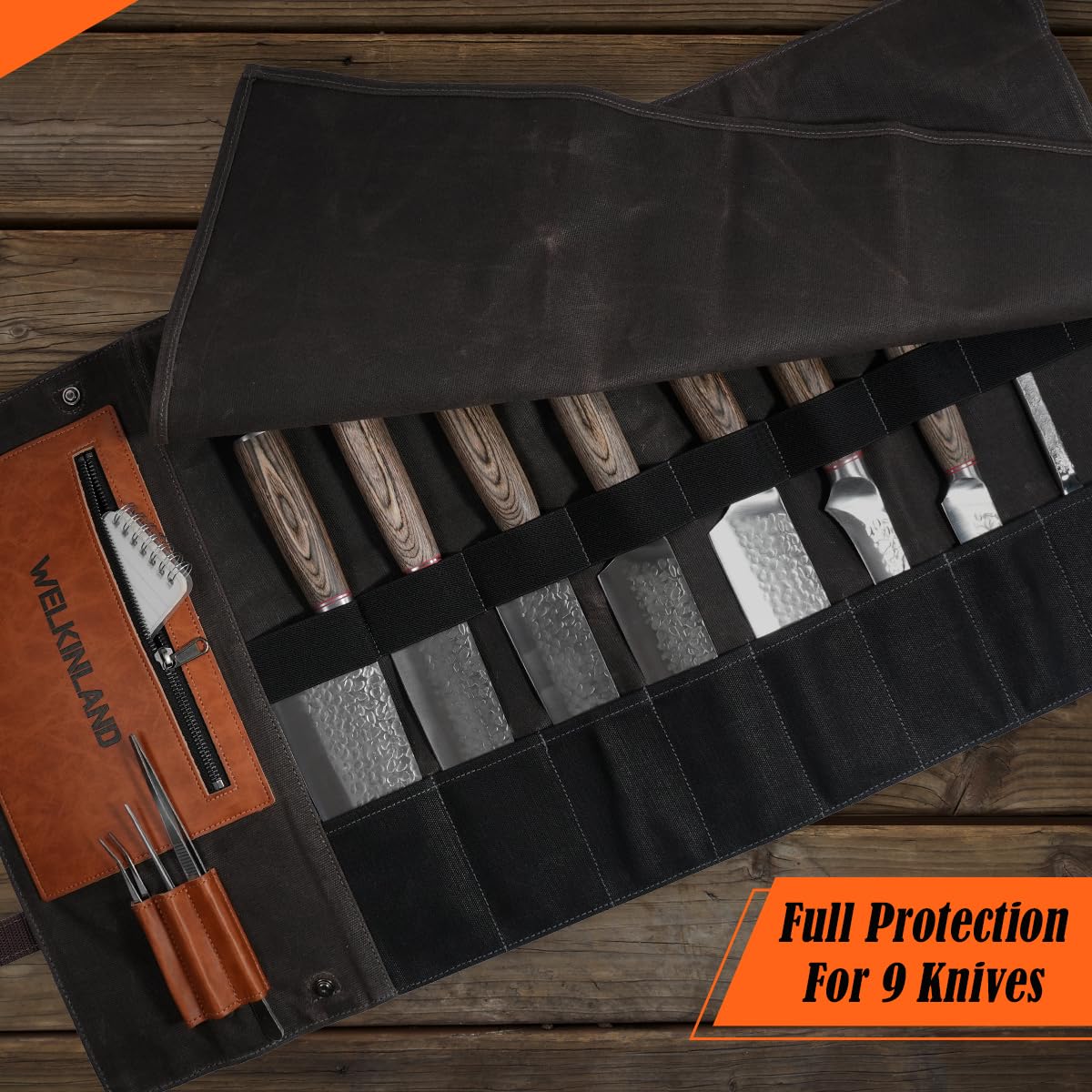 WELKINLAND 13-Pocket Knife Roll, Waxed-Canvas Leather Knife Roll Bag, Heavy-Duty Chef Knife Roll Bag, WaterProof Knife Wrap Roll, Portable Chef Knife Roll Up, Chef Knife Bags And Rolls