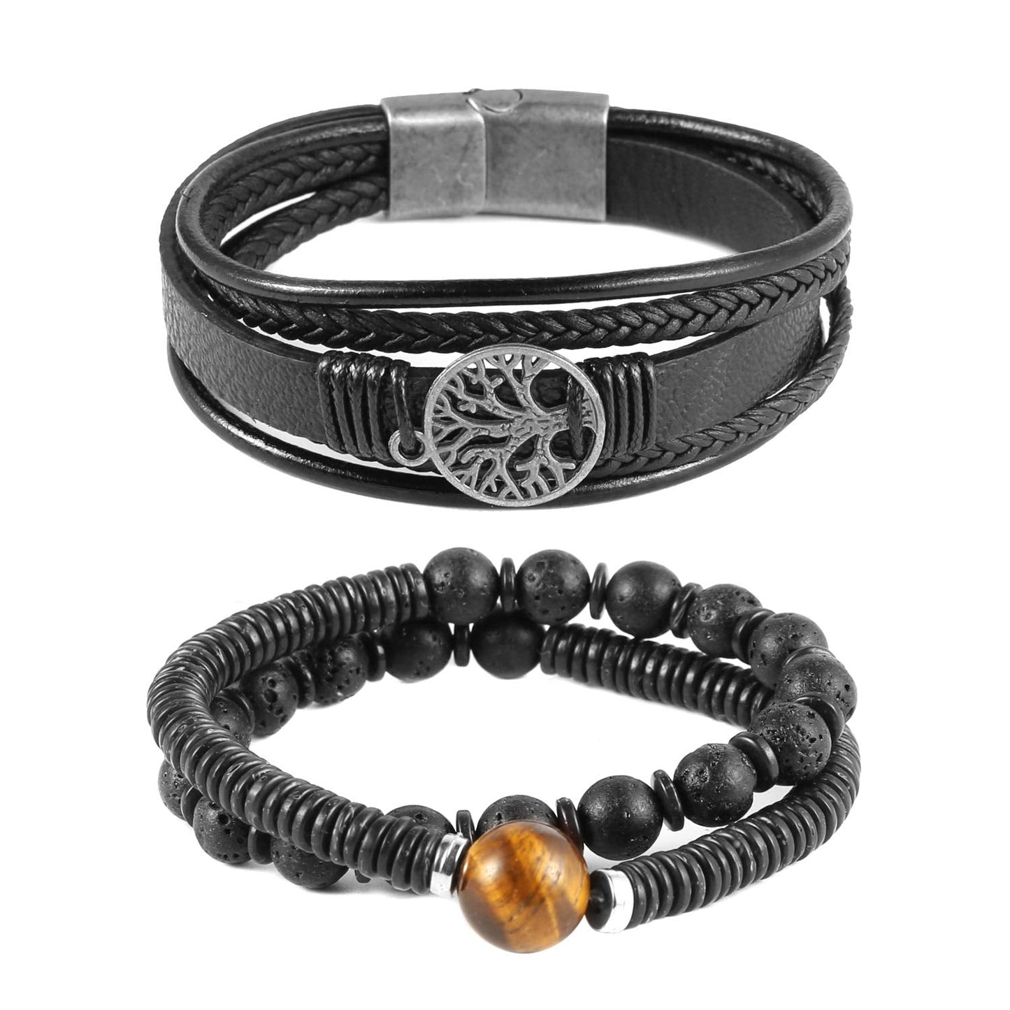 HZMAN Genuine Leather Tree of life Bracelets Men Women, Tiger Eye Natural Stone Lava Rock Beads Ethnic Tribal Elastic Bracelets Wristbands (Black)