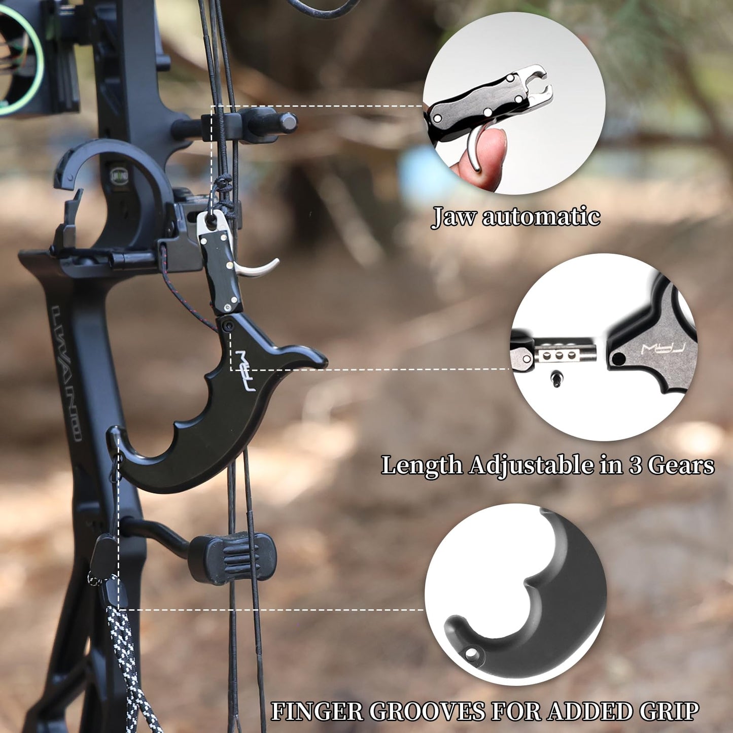 MOYJ Compound Bow Release Aids Trigger 4 Finger Caliper Jaw Rotation Black/Camo Box Packaging Thumb Arrow Release for Adults Hunting Shooting Youth Training Archery Release (Black)