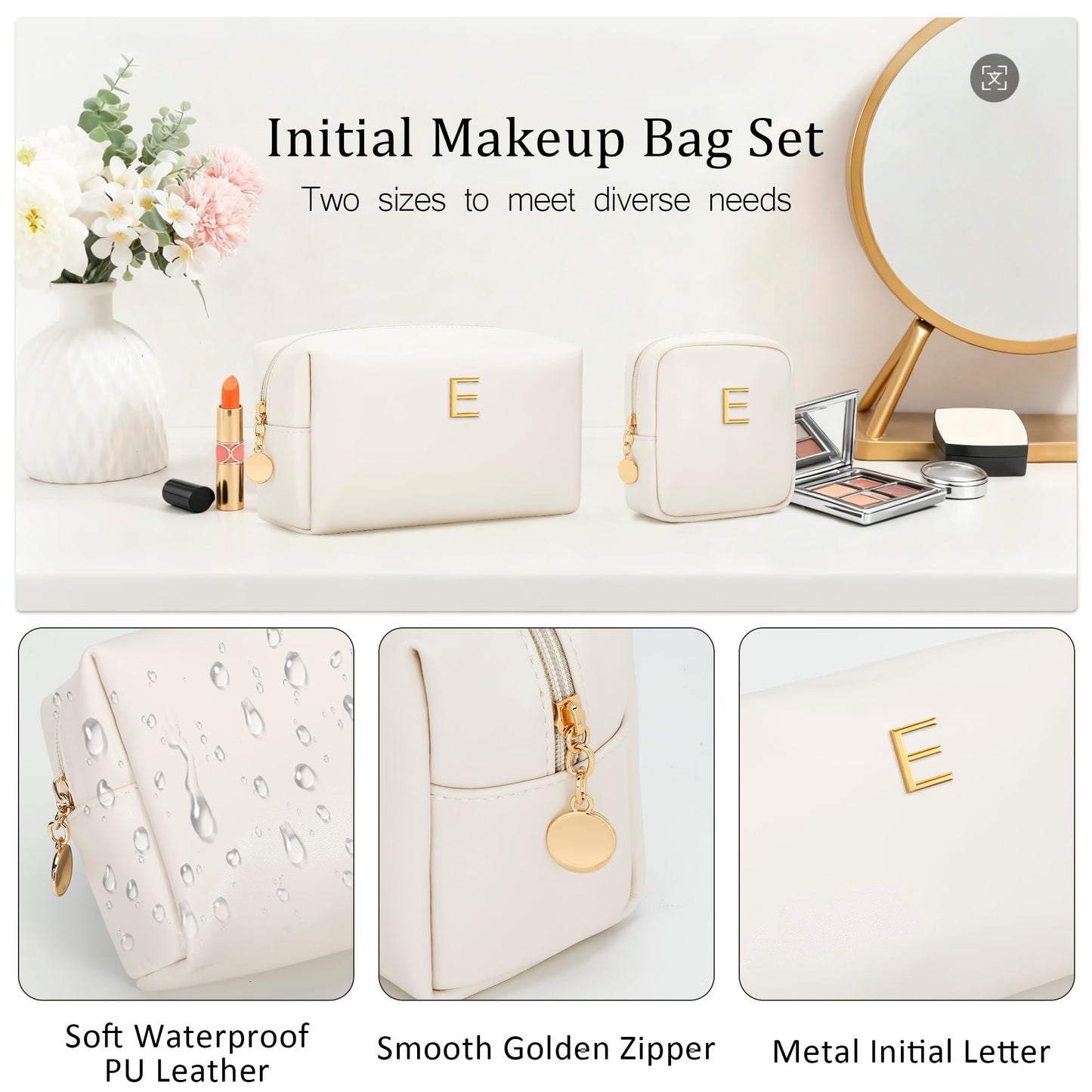 CLOUDWINGS Personalized Birthday Gifts for Women - Initial Makeup Bag Set Travel Toiletry Bag Cosmetic Bags Soft Waterproof PU Leather Makeup Pouch Travel Essentials (E, 2pcs Beige)
