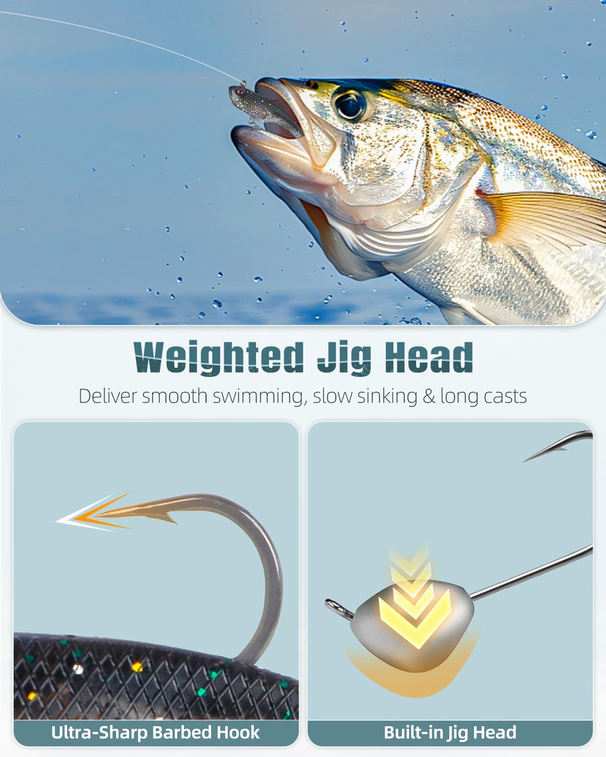 Pawfly 6 Pcs Fishing Lures, Soft Bass Lures, Fishing Bait Trout Lures with Jig Heads, Plastic Swimbaits for Freshwater & Saltwater, Paddle Tail Swim Baits for Bass Catfish Trout Crappie Walleye