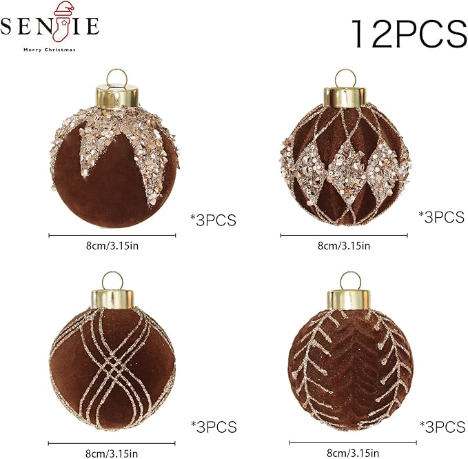 3.15INCH Brown Velvet Ornaments for Christmas Tree, 12PCS Glitter Flocked Christmas Ornaments Decorations Balls Set Decor