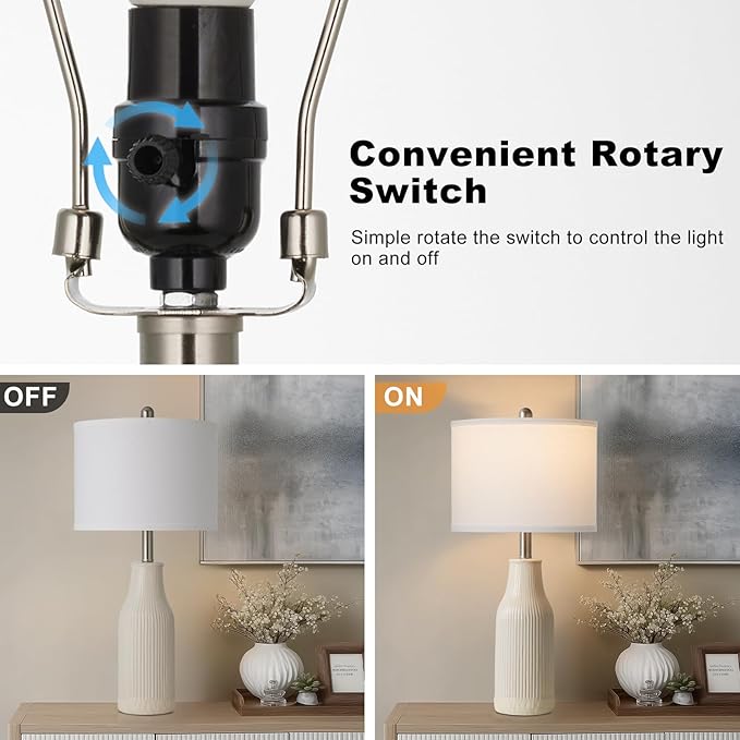 24.5" Ceramic Table Lamps Set of 2, Modern Farmhouse Bedside Lamps for Bedroom Nightstand, Small Table Lamp for Living Room End Table, Beige (2 LED Bulbs Included)