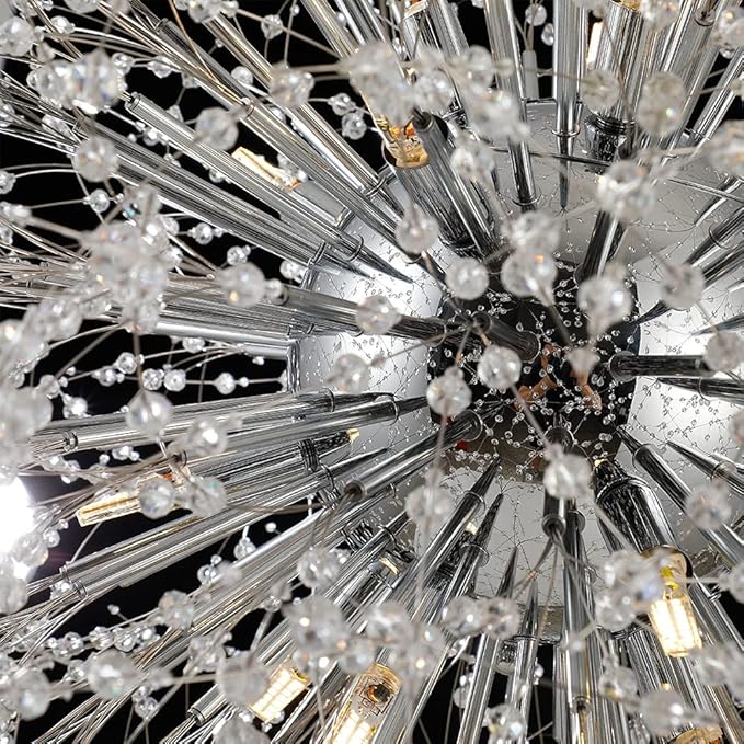 Dandelion Crystal Chandeliers, 16-Light Large Chrome Fireworks Modern Crystal Chandelier, 80W Sputnik Pendant Light Fixtures for Living Room Bedroom Entryway