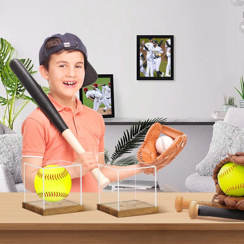 2 Pack Clear Acrylic Softball Display Case with Wood Base, Memorabilia Stand Cube Holder, Dust Protection Transparent Storage Box for Single Ball Souvenir Softball Collections
