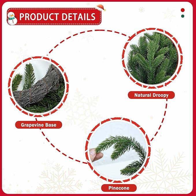 Christmas Wreaths Outdoor Realistic 24 Inch Large Artificial Winter Greenery Pine Cedar Wreaths for Windows Xmas Holiday Home Table Mantle Yard Staircase Wall Door Porch Hanging Decor Outdoor Indoor