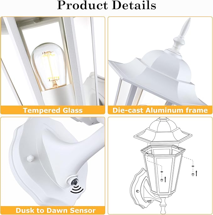GRUENLICH Dusk to Dawn Outdoor Wall Sconce, Exterior Front Porch Lighting with Clear Glass, White Aluminum Outside Coach Light for Patio Doorway Garage, 2 Pack