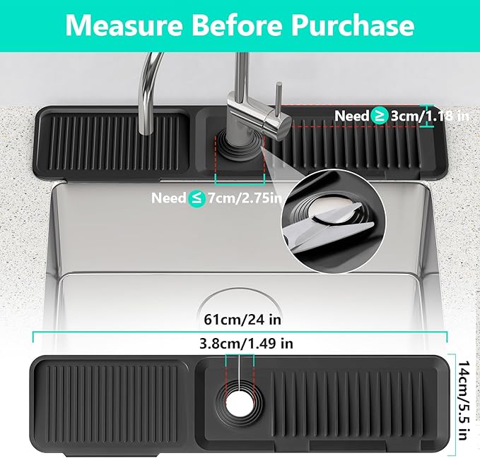 24 Inch Longer Faucet Mat for Kitchen Sink, 5° Slope Fast Self-draining