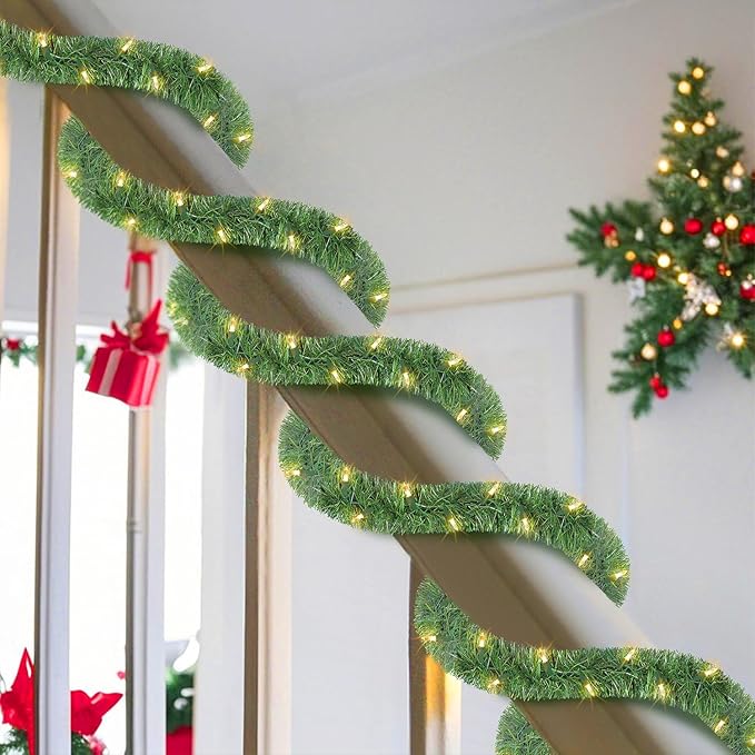 WATERGLIDE Lighted Christmas Green Garland 15FT, with Clear String Lights, Pre-lit Artificial Greenery Garlands, Plug in & Connectable Xmas Lights for Indoor Outdoor Holiday Party Decor