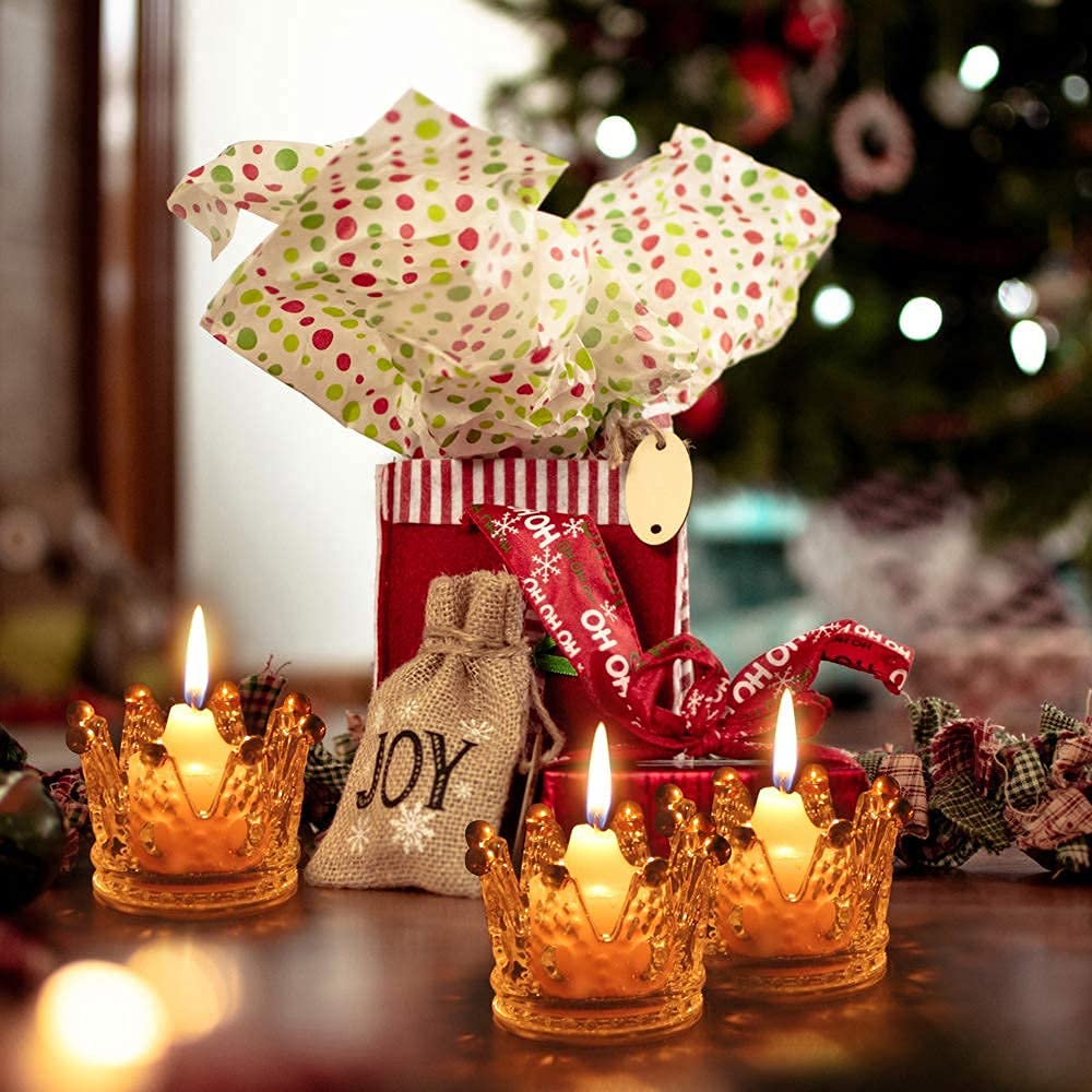 Vixdonos Crown Glass Tealight Candle Holder Set of 12 Votive Candle Holders for Wedding, Party and Home Decor (Gold Tips)