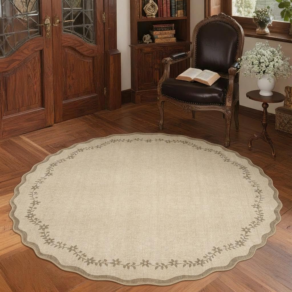 GarveeHome Round Area Rugs 4ft for Kids Room, Solid Jute Scalloped Washable Circle Rug Soft Non Slip Floral Print Floor Mat Tan Carpet Indoor Thin Tent Rug for Bedroom Dining Room Playroom Nursery