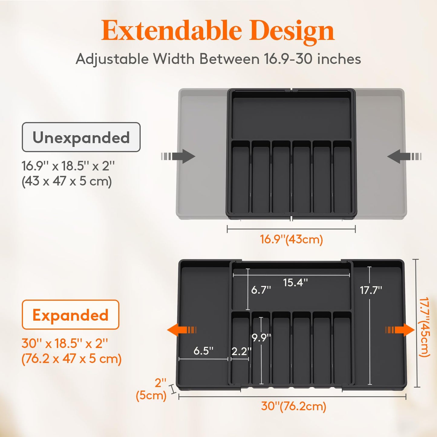 Lifewit Silverware Drawer Organizer, Expandable Utensil Tray for Kitchen, BPA Free Flatware and Cutlery Holder, Adjustable Plastic Storage for Spoons Forks Knives, 8.5"-14.1" x 12.1", Black
