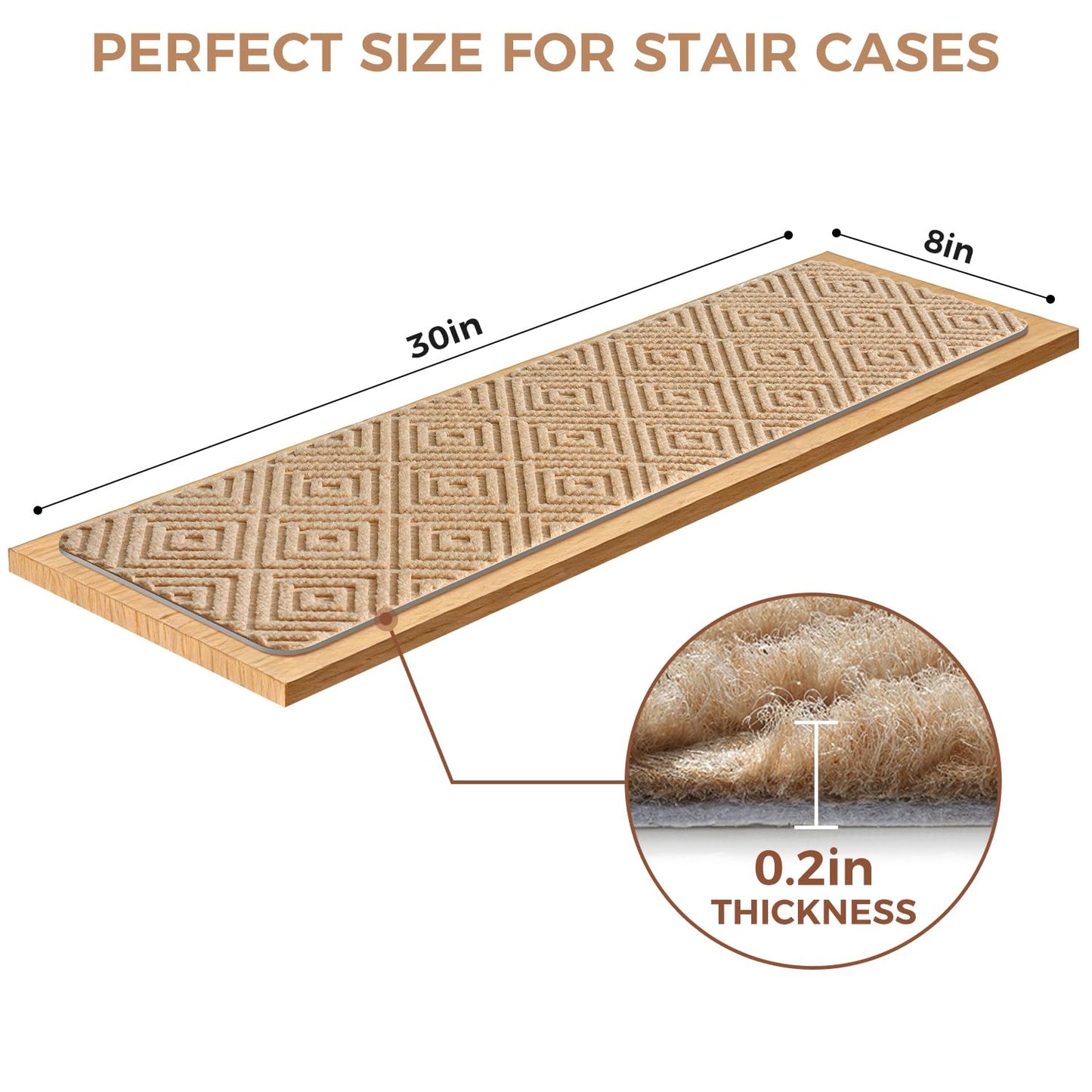 BAGAIL 15 Pack Non-Slip Stair Treads for Wooden Steps, 8"x30" Peel and Stick Carpet Stair Runners, Machine Washable Indoor Step Covers with No-Residue Adhesive for Dogs, Kids & Elderly - Beige