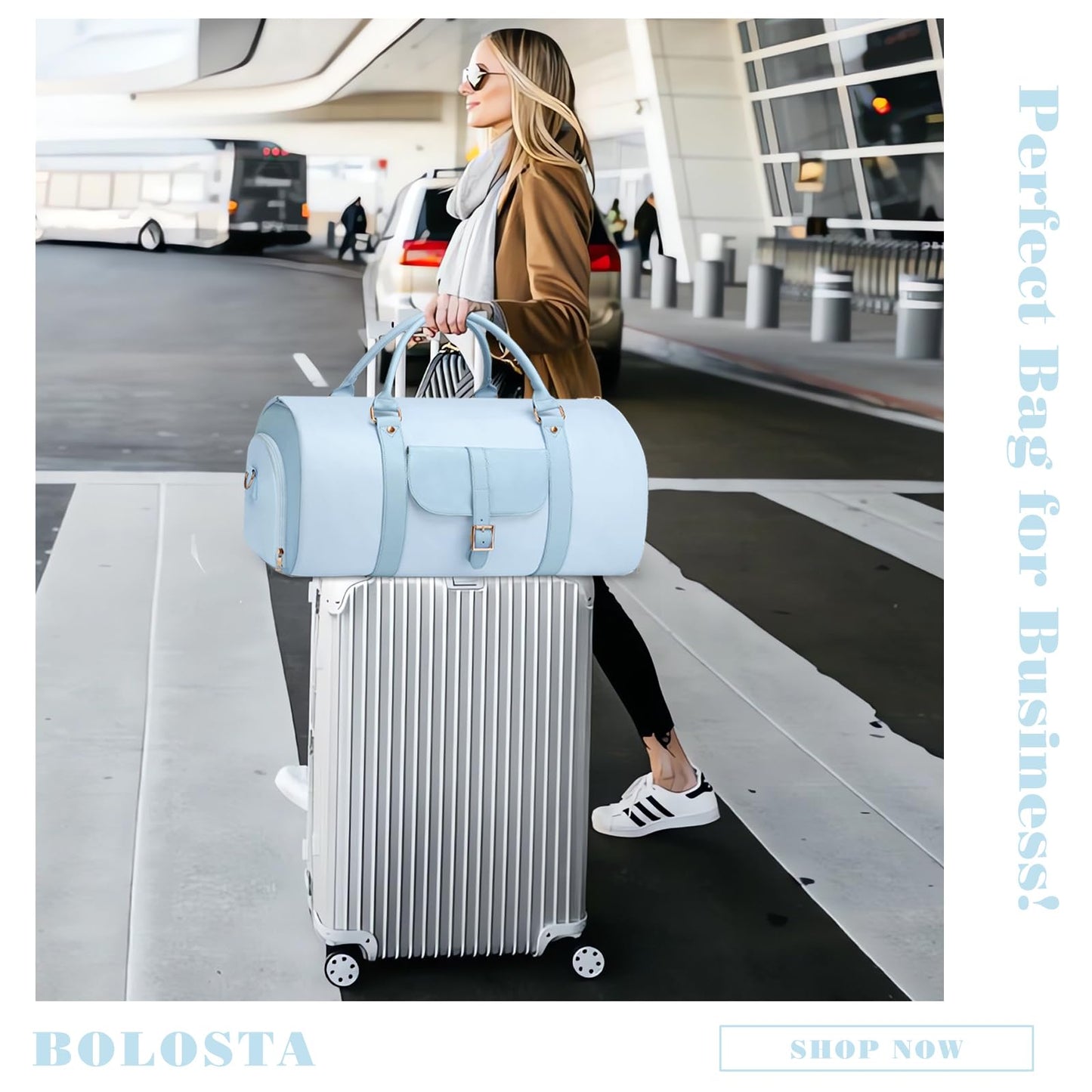 BOLOSTA 2 in 1 Convertible Garment Duffle Bags for Travel Foldable Carry On Garment Bag for Women with Shoe Compartment Leather Suit Bag for Hanging Clothes Long Dresses, Blue