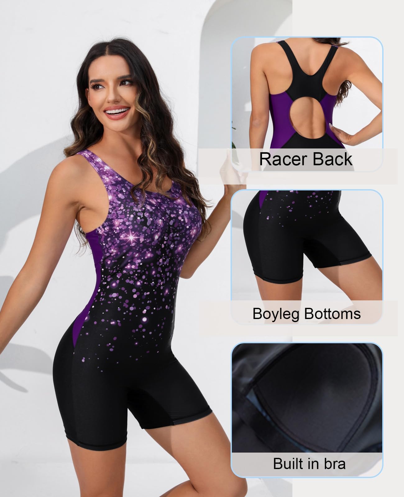 Halcurt Womens Boyleg One Piece Swimsuit Athletic Racerback Bathing Suit with Boyshorts Full Coverage Swimwear Black Purple S