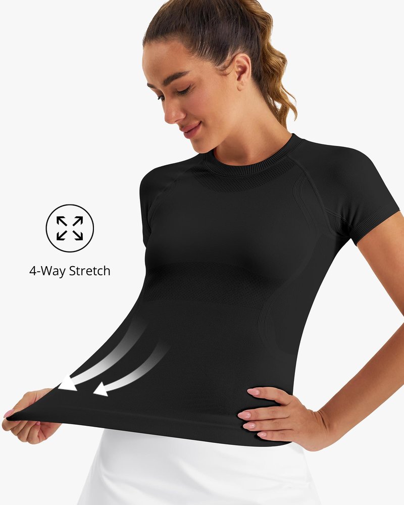 Stelle Women Workout Tops Short Sleeve Seamless Athletic Shirts Yoga Gym Sports Breathable Tees(Black,XS)