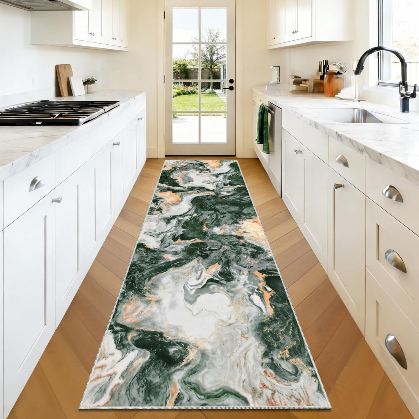 Yinhua 2x7'3 Rug Runners for Hallways, Marble Runner Rug Non Silp, Soft Abstract Kitchen Runner Rugs Non Shedding, Washable Area Rugs Green and Gold, Stain Resistant Carpet for Bathroom Entryway Hall