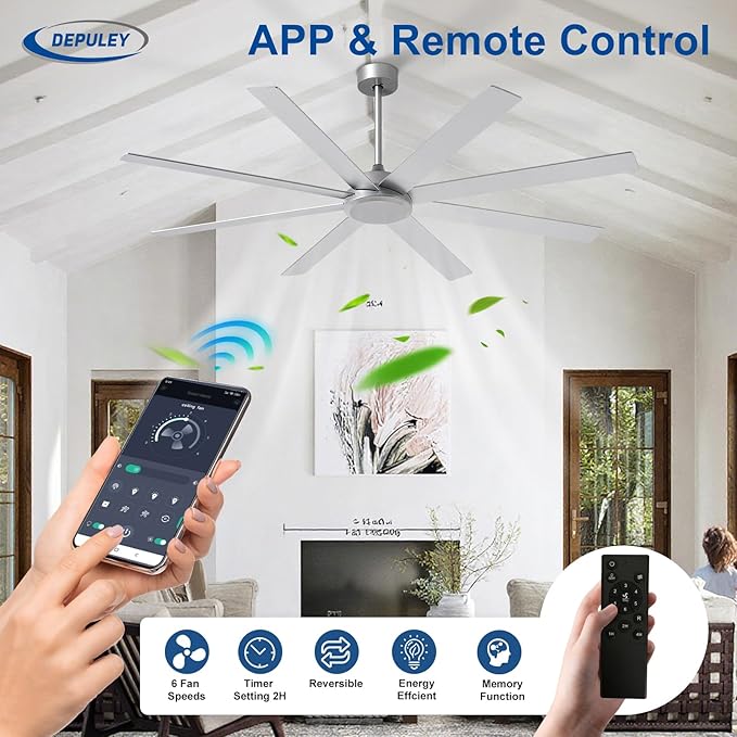 Depuley Large Ceiling Fan without Light: 72 Inch Indoor/Outdoor Fan Reversible DC Motor 6 Speed - Dual 8 Blades Big Ceiling Fans with No Light for Living Room Covered Patio, Silver