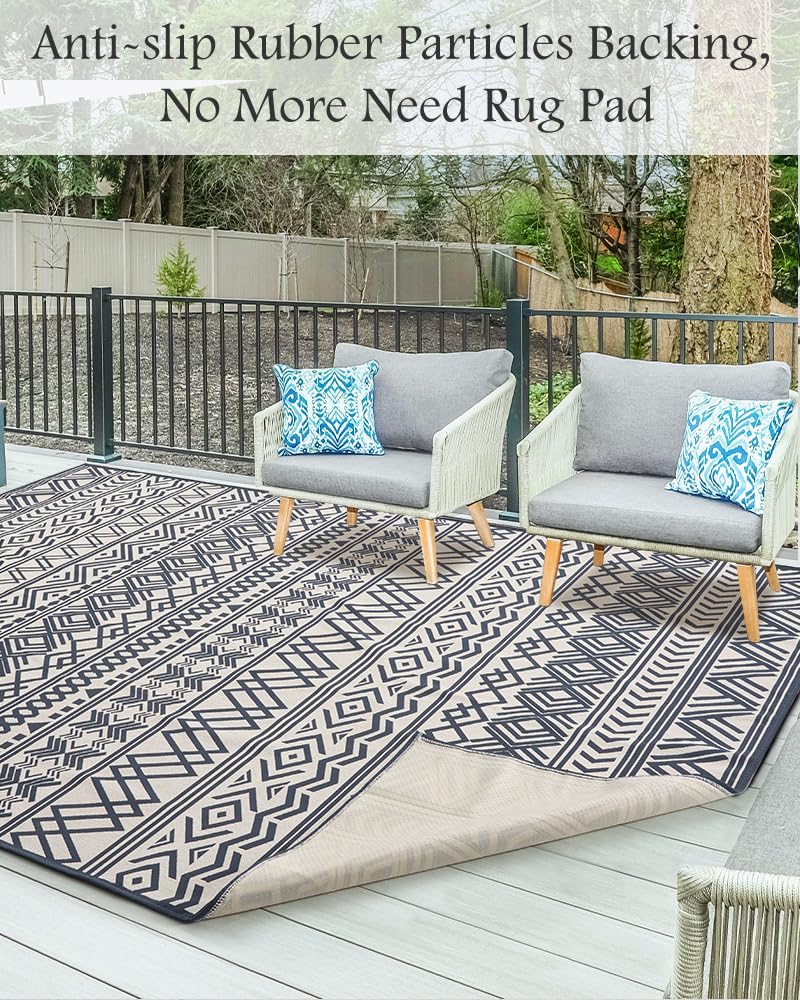 Outdoor Rug Carpet 5x8 ft, Flatweave Textured Outdoor Patio Rug Non Slip Indoor Outdoor Rugs with Rubber Particles Backing Boho Outdoor Area Rug for Patio Deck Front Porch Backyard Balcony, Navy