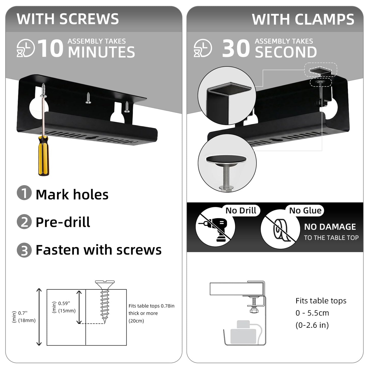 No Drill Under Desk Cable Management Tray with Clamp, Home/Office Desk Cord Organizer and Accessories Storage Shelf, 17'' Metal Cable Organizer for Standing/Gaming Desk, Office Supplies, Black 2 Set
