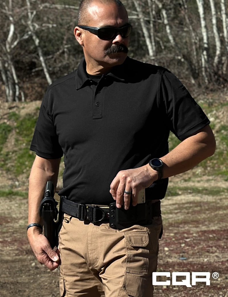 CQR Men's Quick Dry Tactical Polo Shirt, Lightweight Breathable Performance Polo, Short Sleeve UPF 50+ Outdoor Golf Shirt, Frost Essential Black, Large