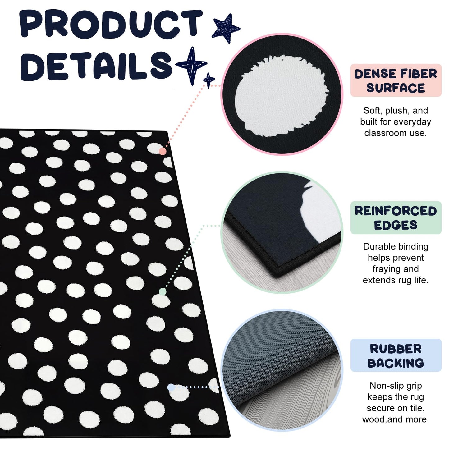 Nuanchu Large Polka Dot Classroom Rug 6.5 x 12.1 ft Black and White Classroom Carpet with Rubber Backing Non-Slip First Day of School Rugs for Playroom Nursery Preschool