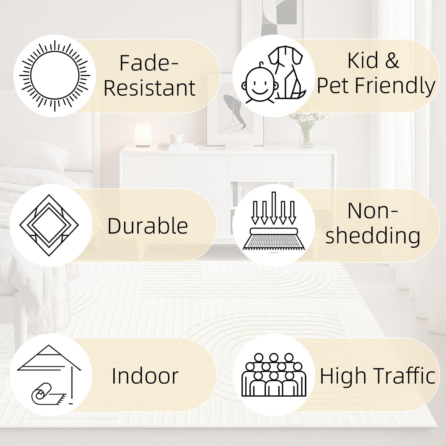 MATIIUI 5x7 Geometric Solid Beige Area Rug – Washable, Durable Non-Slip Indoor Carpet with Soft High-Low Pile, Fluffy Floor Rugs for Living Room, Bedroom, Bedside, Kids Room, Nursery,Home Office Décor